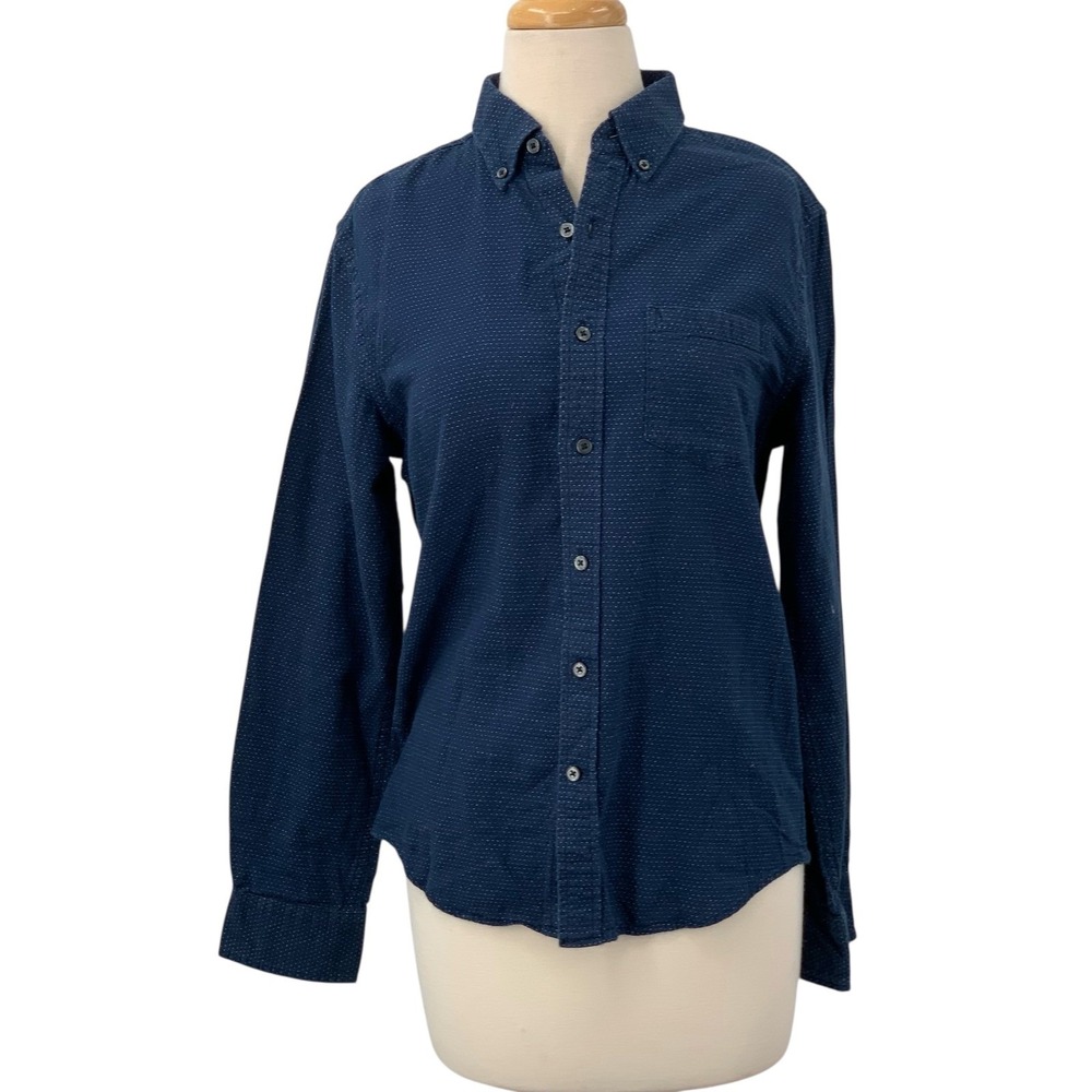 American Eagle Womens Long Sleeve Button Down Prep Fit Shirt Navy/White Dotted S